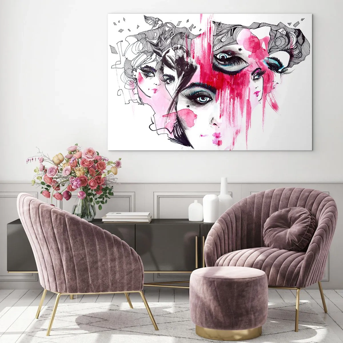 Quadro su vetro - Volti femminili astratti con accenti rosa in stile schizzo. - 120x80cm - Occhi astratti - Decorazione murale moderna per soggiorno e camera da letto ARTTOR