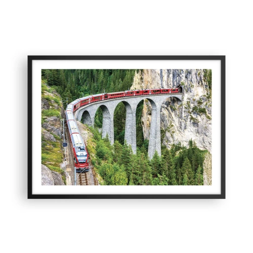 Poster in cornice nera - Un treno su un pittoresco viadotto in un paesaggio montuoso - 70x50cm - Il treno tra i monti - Decorazione murale moderna per soggiorno e camera da letto ARTTOR