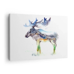 Quadro su tela - Stampe su Tela - Sagoma ad acquerello di un alce con un paesaggio montano - 70x50cm - Il protagonista dei racconti invernali - Decorazione murale moderna per soggiorno e camera da letto ARTTOR