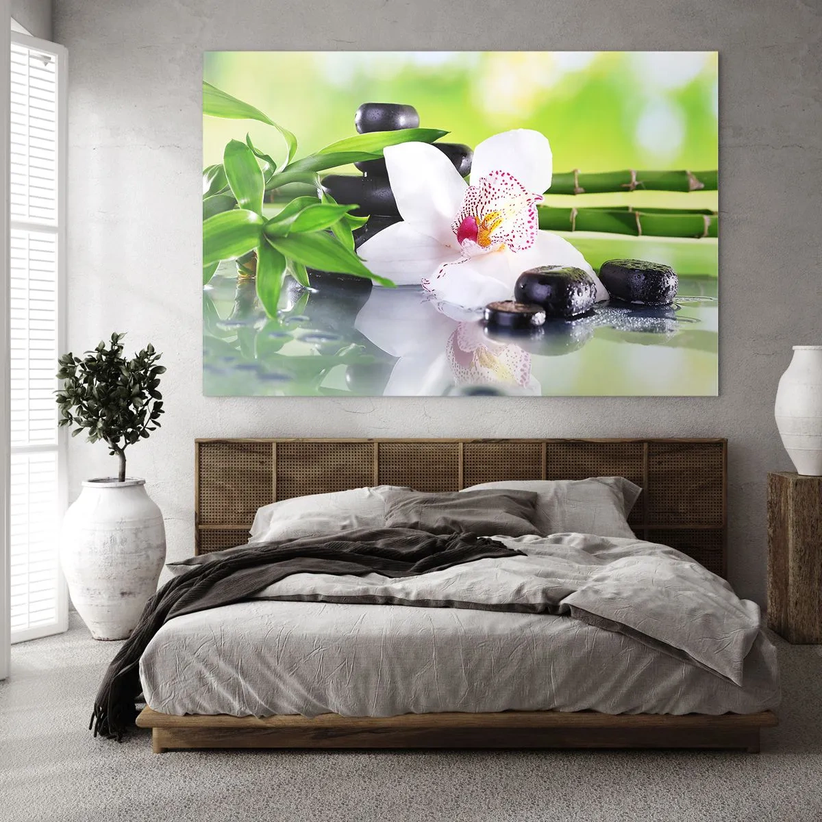 Quadro su vetro - Orchidea, bambù e pietre nere su sfondo verde - 120x80cm - Freschezza rinfrescante - Decorazione murale moderna per soggiorno e camera da letto ARTTOR
