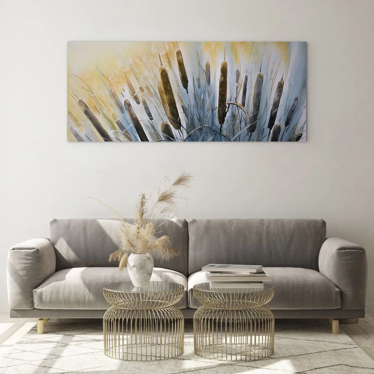 Quadro su vetro - Canne pittoresche sotto i raggi del sole - 140x50cm - Fresco dell'acqua, calore del sole - Decorazione murale moderna per soggiorno e camera da letto ARTTOR
