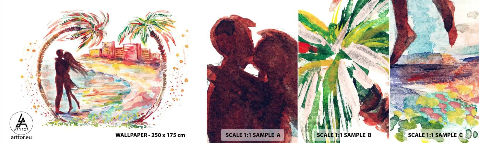 Campione Di Fotomurale Standard Eco - Vacanze romantiche - Persone, Palma da cocco, Spiaggia - 100x30 cm