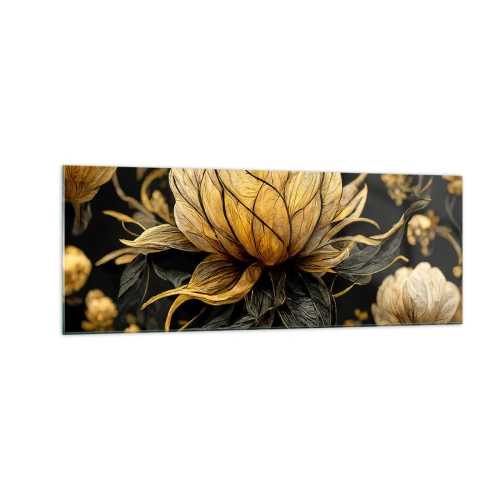 Quadro su vetro - Fiore dorato su sfondo scuro - 140x50cm - Delicata fragilità - Decorazione murale moderna per soggiorno e camera da letto ARTTOR