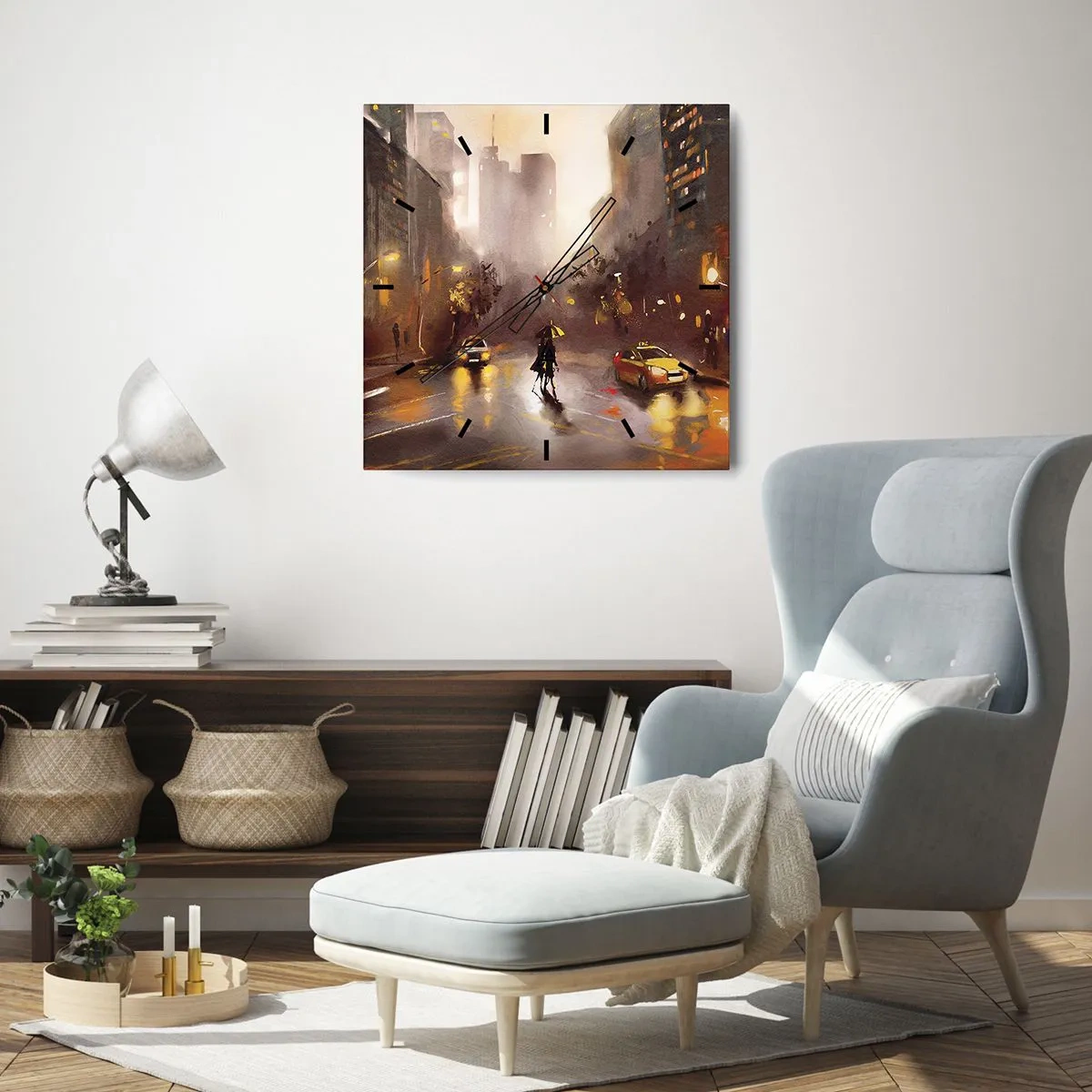 Orologio da parete - Orologio in Vetro - Una scena urbana notturna alla luce dei lampioni e dei riflessi su una strada bagnata. - 30x30cm - Nelle luci di New York - Decorazione murale moderna per soggiorno e camera da letto ARTTOR