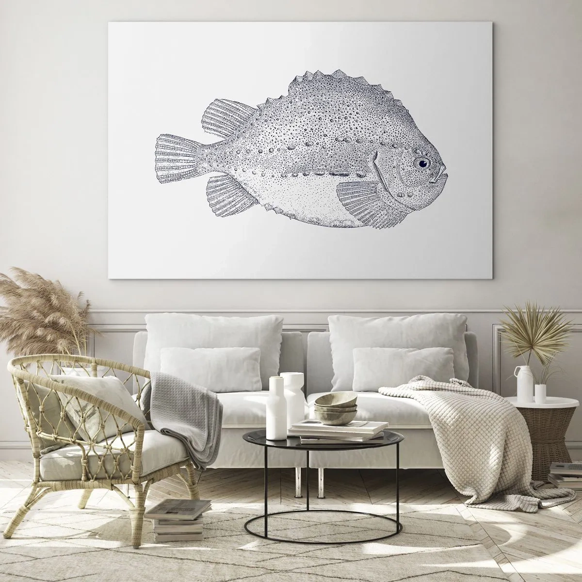 Quadro su vetro - Incisione dettagliata di un pesce su sfondo bianco in stile naturalistico - 70x50cm - Nell'album del naturalista - Decorazione murale moderna per soggiorno e camera da letto ARTTOR