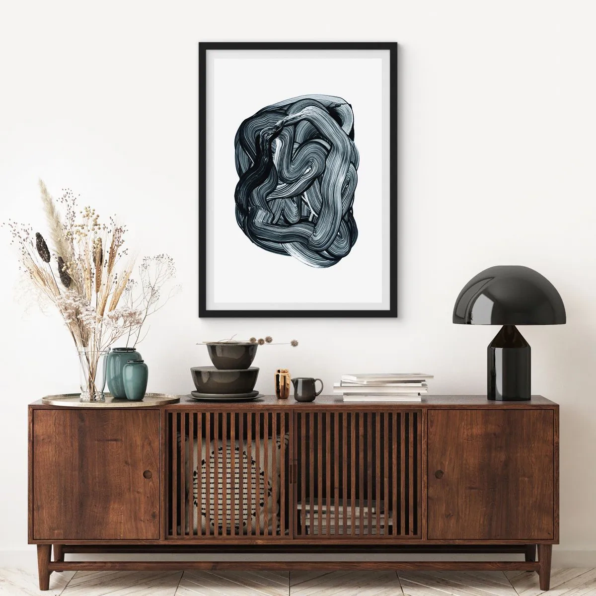 Poster in cornice nera - Composizione astratta di pennellate in bianco e nero - 50x70cm - Non è così semplice - Decorazione murale moderna per soggiorno e camera da letto ARTTOR