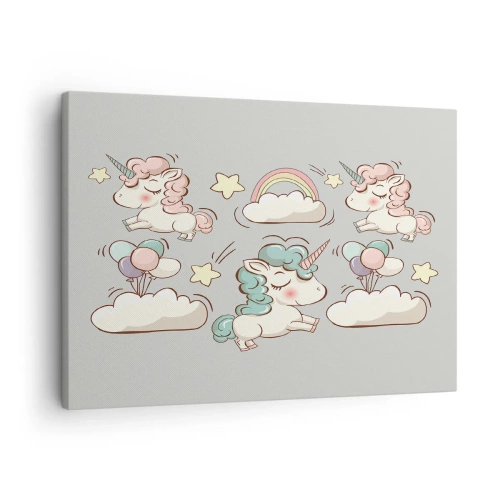 Quadro su tela - Stampe su Tela - Simpatici unicorni su sfondo pastello - 70x50cm - Sicuramente esistono… - Decorazione murale moderna per soggiorno e camera da letto ARTTOR