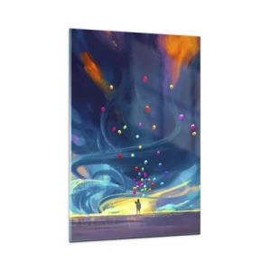 Quadro su vetro - Una figura con palloncini su uno sfondo di nuvole colorate e vorticose - 80x120cm - Sul vento blu - Decorazione murale moderna per soggiorno e camera da letto ARTTOR
