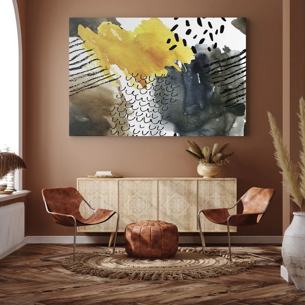 Quadro su tela - Stampe su Tela - Una composizione astratta con accenti gialli e motivi grafici. - 120x80cm - L'incontro degli elementi - Decorazione murale moderna per soggiorno e camera da letto ARTTOR