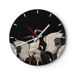 Orologio da parete - Orologio in Vetro - Un gruppo di gru su uno sfondo nero in un'illustrazione stilizzata - 30x30cm - Cose da uccelli - Decorazione murale moderna per soggiorno, cucina e camera da letto ARTTOR