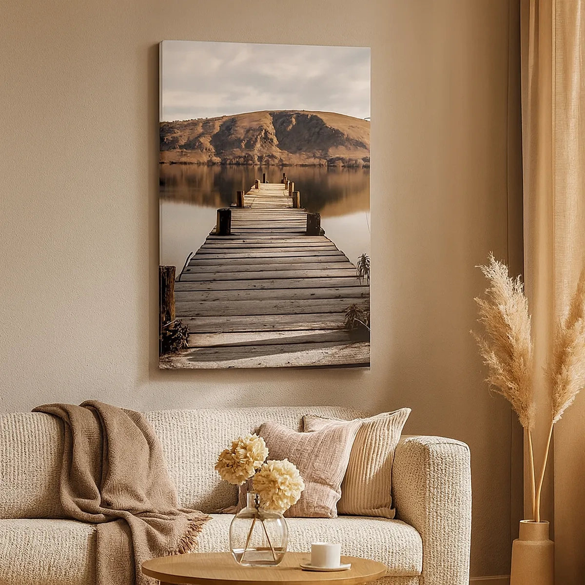 Quadro su tela - Stampe su Tela - Un molo di legno su un lago circondato da pittoresche colline - 50x70cm - Paesaggio nel silenzio - Decorazione murale moderna per soggiorno e camera da letto ARTTOR