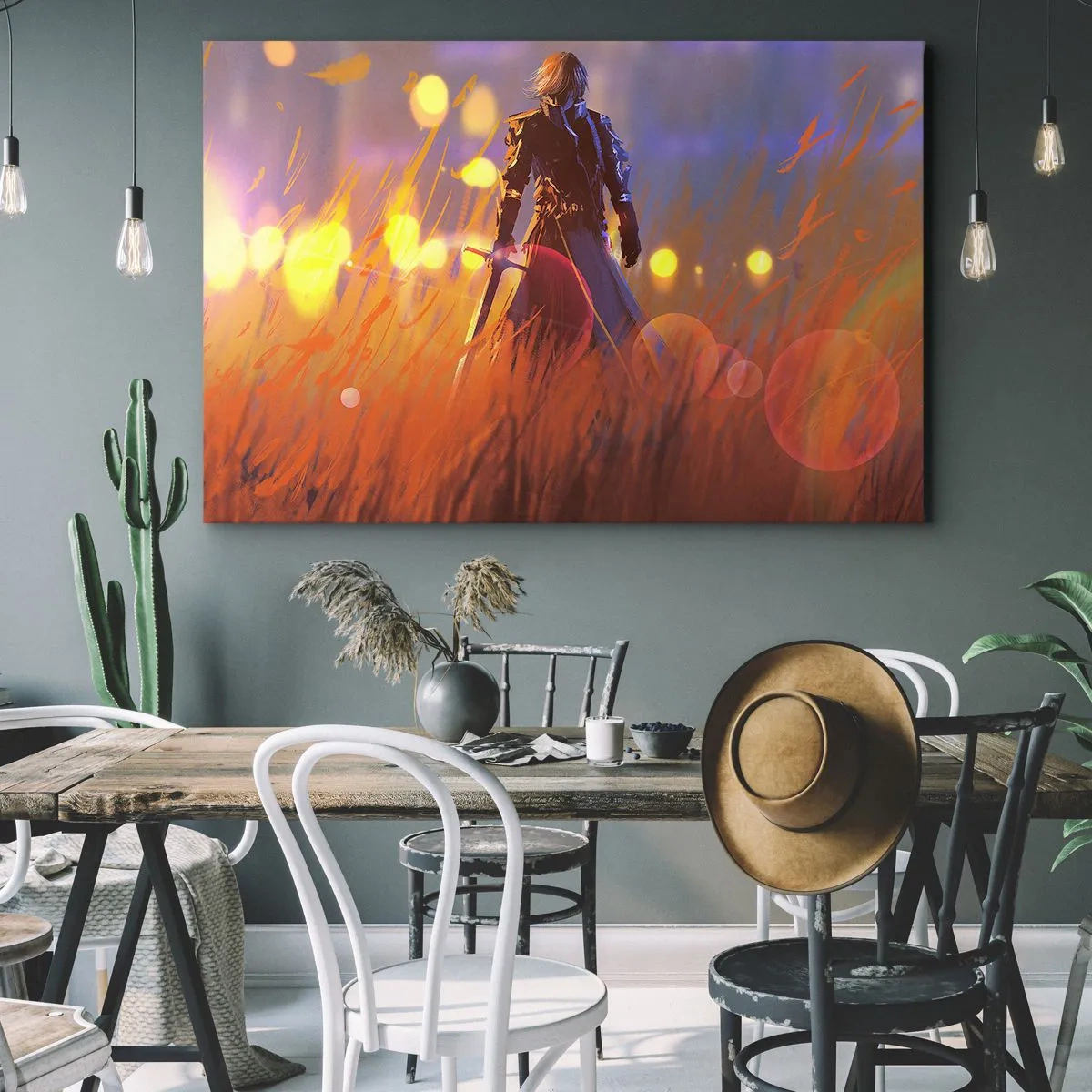 Quadro su tela - Stampe su Tela - La figura di un cavaliere alla luce del sole al tramonto in un campo - 120x80cm - Il cavaliere errante - Decorazione murale moderna per soggiorno e camera da letto ARTTOR