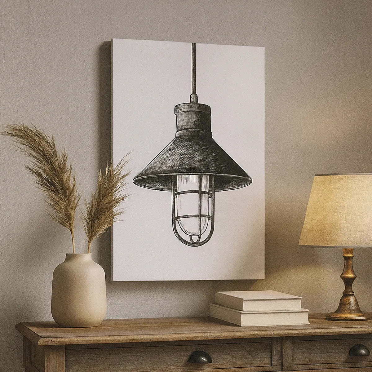 Quadro su tela - Stampe su Tela - Disegno di una lampada a sospensione retrò su sfondo bianco - 50x70cm - Come tanti anni fa... - Decorazione murale moderna per soggiorno e camera da letto ARTTOR