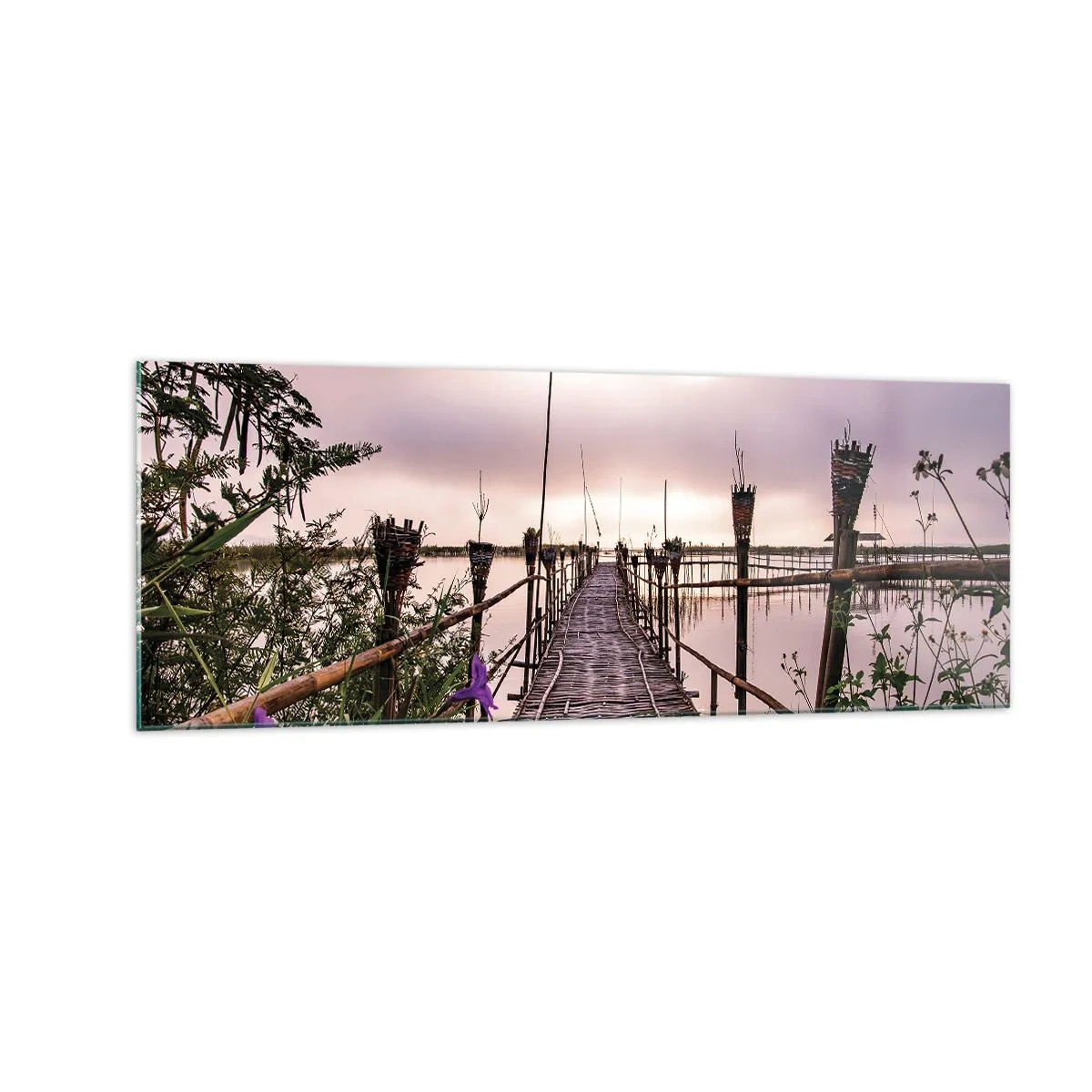 Quadro su vetro - Ponte di bambù sull'acqua all'alba - 140x50cm - Pace e silenzio dell'Asia - Decorazione murale moderna per soggiorno e camera da letto ARTTOR