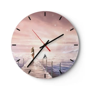 Orologio da parete - Orologio in Vetro - Una donna su un molo in un paesaggio magico e pastello - 30x30cm - Alla luce del sogno - Decorazione murale moderna per soggiorno, cucina e camera da letto ARTTOR