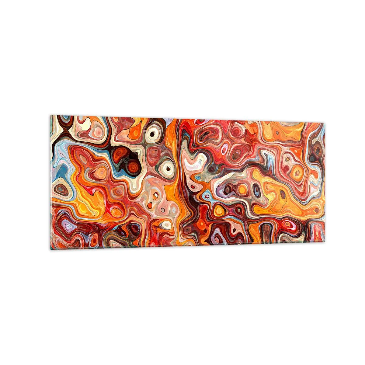 Quadro su vetro - Una composizione astratta nelle calde tonalità del rosso, dell'arancione e del giallo. - 120x50cm - Come se le noci si sciogliessero nel miele - Decorazione murale moderna per soggiorno e camera da letto ARTTOR