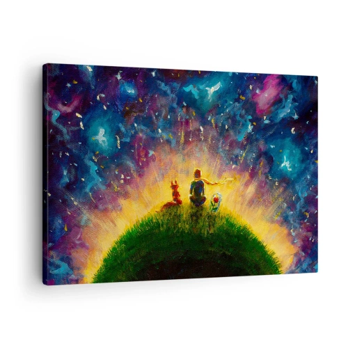 Quadro su tela - Stampe su Tela - Figure su una collina verde circondata da un cielo stellato - 70x50cm - Amore e amicizia: l'intero mondo - Decorazione murale moderna per soggiorno e camera da letto ARTTOR