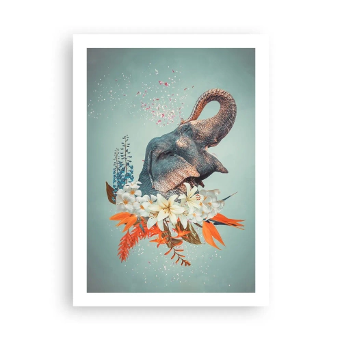 Poster - Un elefante tra i fiori in una composizione surreale - 50x70cm - Barrito di gioia - Decorazione murale moderna per soggiorno e camera da letto ARTTOR