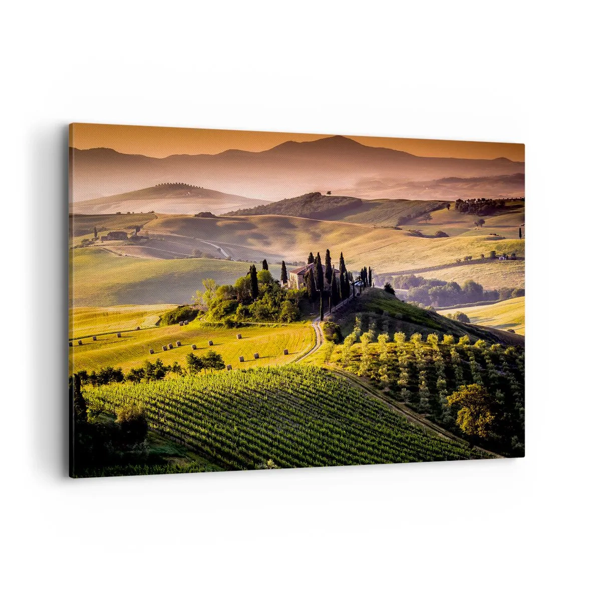 Quadro su tela - Stampe su Tela - Paesaggio toscano con vigneti e una casa su una collina - 120x80cm - Arcadia: paesaggio toscano - Decorazione murale moderna per soggiorno e camera da letto ARTTOR