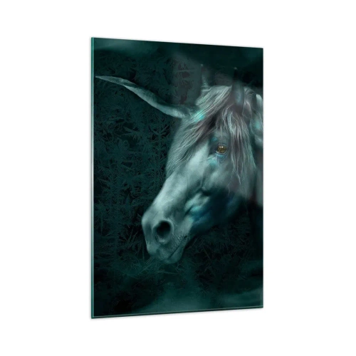 Quadro su vetro - Un unicorno magico in una foresta misteriosa e oscura dai colori fantastici. - 80x120cm - Nel bosco incantato - Decorazione murale moderna per soggiorno e camera da letto ARTTOR