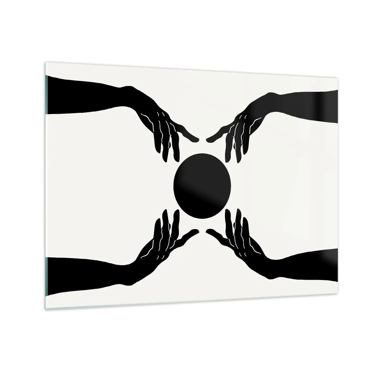 Quadro su vetro - Mani nere attorno a un cerchio nero su uno sfondo chiaro - 70x50cm - Segno misterioso - Decorazione murale moderna per soggiorno e camera da letto ARTTOR