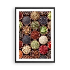 Poster in cornice nera - Spezie colorate in piccole ciotole di legno - 50x70cm - Tutti i gusti del mondo - Decorazione murale moderna per soggiorno e camera da letto ARTTOR