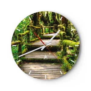 Orologio da parete - Orologio in Vetro - Un sentiero di legno in una foresta tropicale ricoperta di muschio - 30x30cm - Un corridoio nel verde - Decorazione murale moderna per soggiorno, cucina e camera da letto ARTTOR