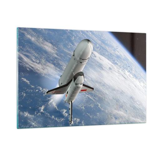 Quadro su vetro - Uno space shuttle decolla nello spazio con la Terra sullo sfondo. - 120x80cm - Ascensione cosmica - Decorazione murale moderna per soggiorno e camera da letto ARTTOR