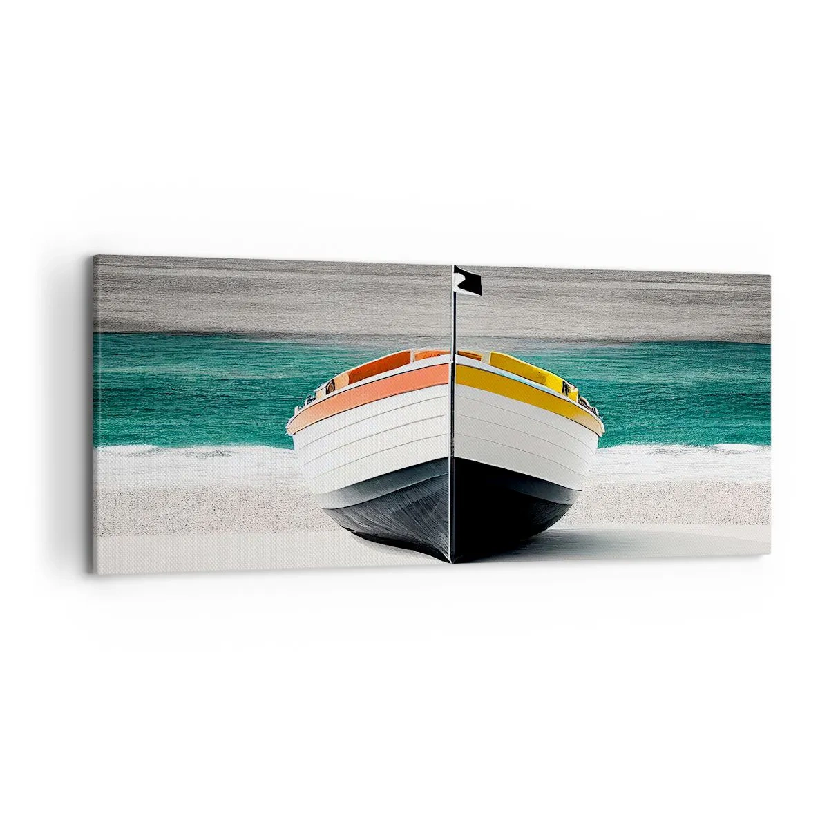 Quadro su tela - Stampe su Tela - Una barca sulla spiaggia con un mare turchese sullo sfondo - 120x50cm - Al suo posto - Decorazione murale moderna per soggiorno e camera da letto ARTTOR