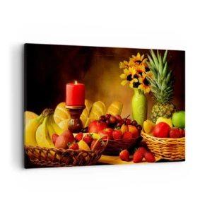 Quadro su tela - Stampe su Tela - Natura morta con frutta, pane, candela e fiori - 120x80cm - Natura morta con pane e frutta - Decorazione murale moderna per soggiorno e camera da letto ARTTOR