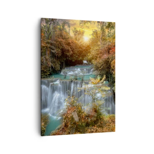 Quadro su tela - Stampe su Tela - Cascata autunnale circondata da alberi colorati alla luce del sole - 50x70cm - Il tesoro nascosto nel bosco - Decorazione murale moderna per soggiorno e camera da letto ARTTOR
