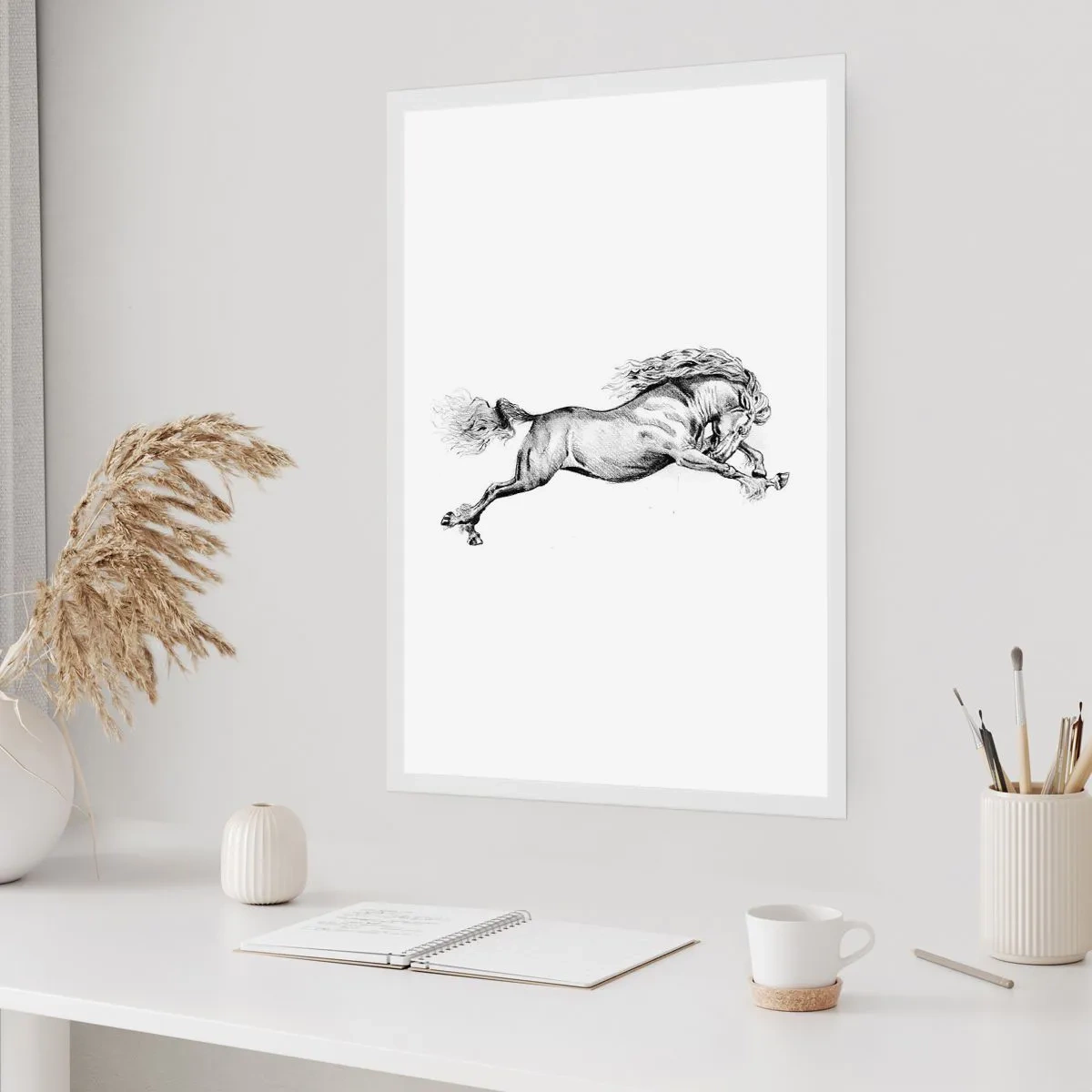 Poster - Illustrazione di un cavallo al galoppo in bianco e nero - 50x70cm - Fermo al galoppo - Decorazione murale moderna per soggiorno e camera da letto ARTTOR