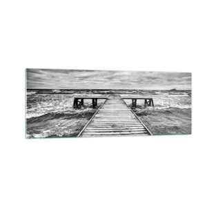 Quadro su vetro - Una vista in bianco e nero di un molo di legno su un mare in tempesta. - 140x50cm - Aspetto che il vento le scacci via... - Decorazione murale moderna per soggiorno e camera da letto ARTTOR