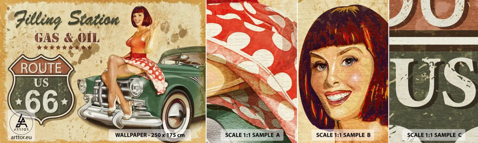 Campione Di Fotomurale Standard Eco - I fantastici anni '40 - Itinerario 66, Auto, Settore automobilistico - 100x30 cm