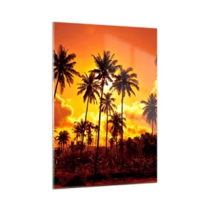 Quadro su vetro - Palme sullo sfondo di un tramonto infuocato - 50x70cm - Bruciano i monti, bruciano i boschi - Decorazione murale moderna per soggiorno e camera da letto ARTTOR