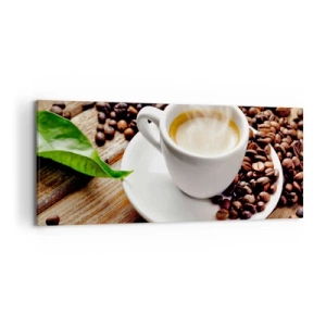 Quadro su tela - Stampe su Tela - Una tazza di caffè aromatico sullo sfondo di chicchi e una foglia - 120x50cm - Il caffè è pronto - Decorazione murale moderna per soggiorno e camera da letto ARTTOR