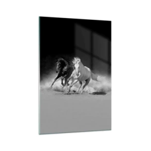 Quadro su vetro - Cavalli in corsa in bianco e nero - 70x100cm - Il galoppo della libertà - Decorazione murale moderna per soggiorno e camera da letto ARTTOR
