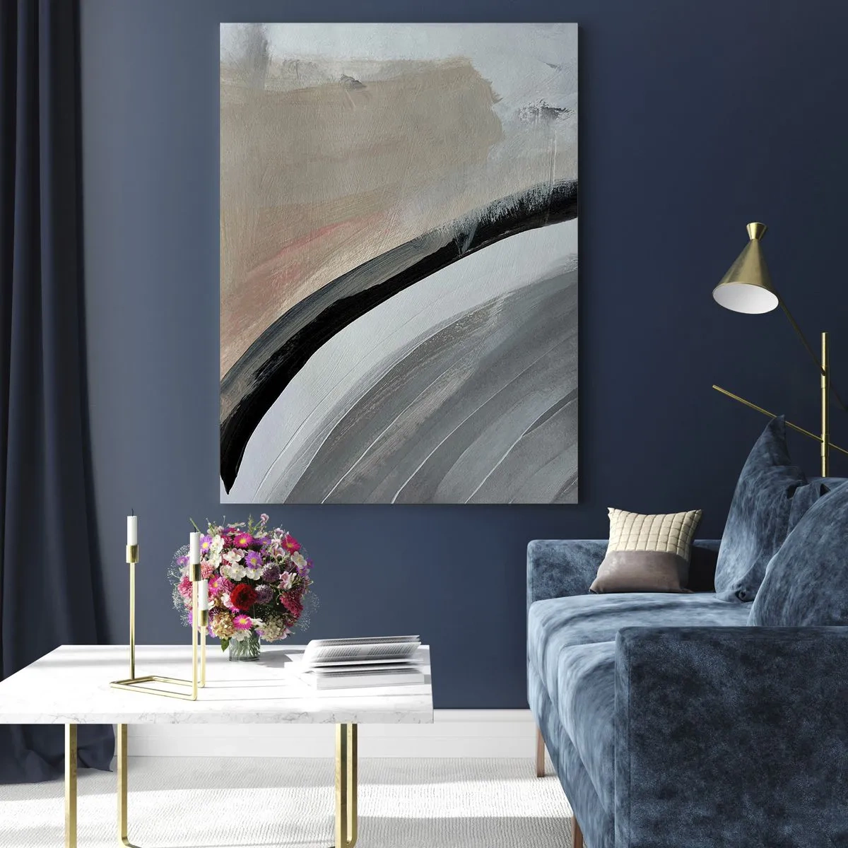 Quadro su vetro - Arco astratto nei toni del nero, grigio e beige - 70x100cm - Composizione: arco di nero e grigio - Decorazione murale moderna per soggiorno e camera da letto ARTTOR