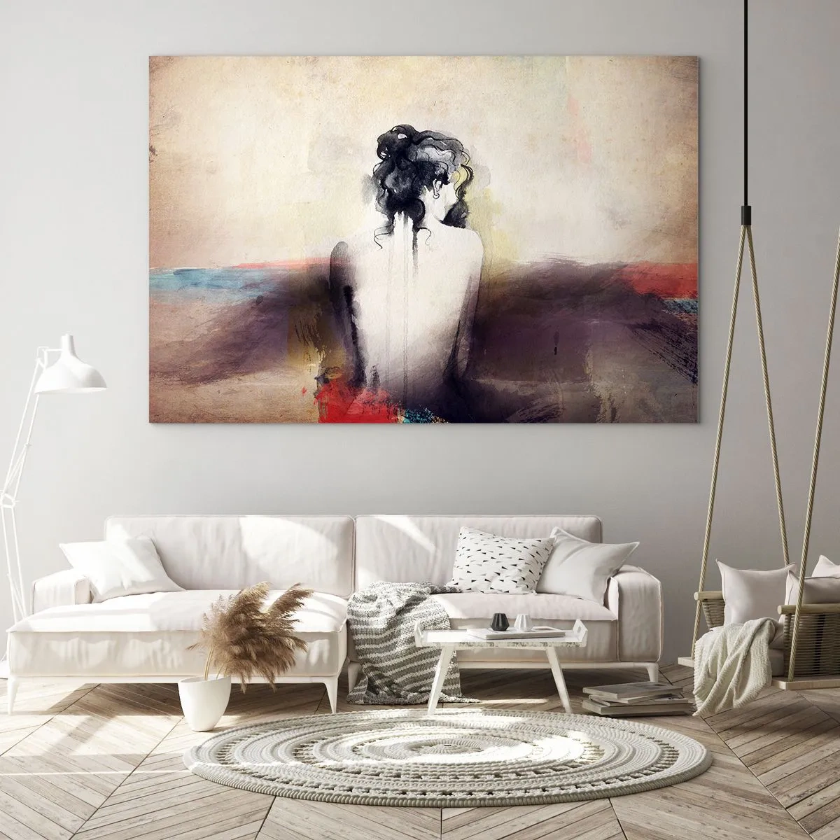 Quadro su vetro - Un delicato ritratto di una donna su uno sfondo paesaggistico color pastello. - 100x70cm - Linee miti, forme ovali - Decorazione murale moderna per soggiorno e camera da letto ARTTOR