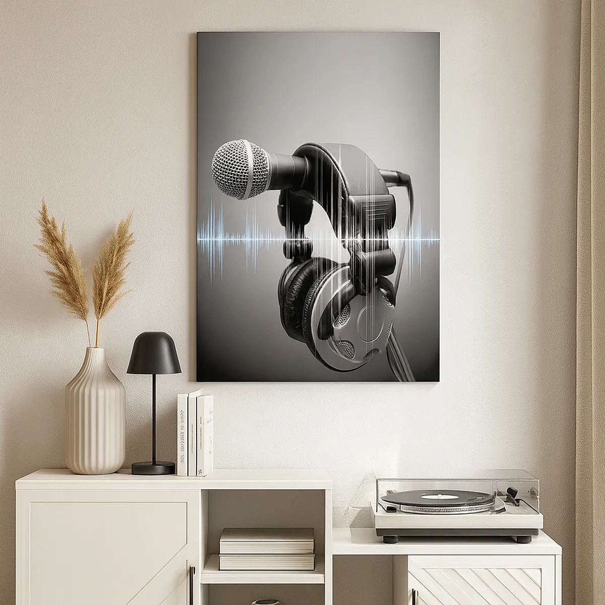 Quadro su tela - Stampe su Tela - Microfono e cuffie con visualizzazione delle onde sonore sullo sfondo - 50x70cm - Si sente ancora il canto - Decorazione murale moderna per soggiorno e camera da letto ARTTOR