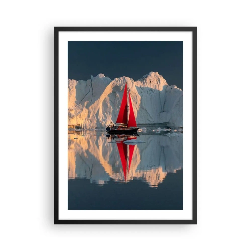 Poster in cornice nera - La vela rossa di una barca sullo sfondo di ghiacciai e acque calme - 50x70cm - Ai confini del mondo - Decorazione murale moderna per soggiorno e camera da letto ARTTOR
