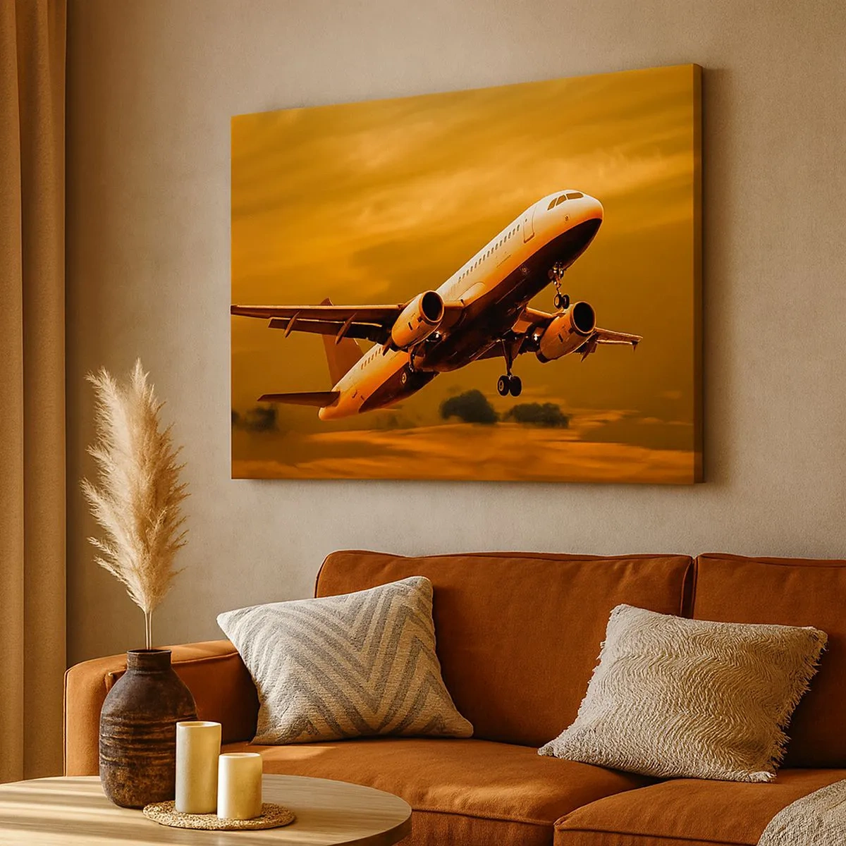 Quadro su tela - Stampe su Tela - Un aereo passeggeri decolla sullo sfondo di un cielo dorato al tramonto. - 70x50cm - In volo verso il sole - Decorazione murale moderna per soggiorno e camera da letto ARTTOR