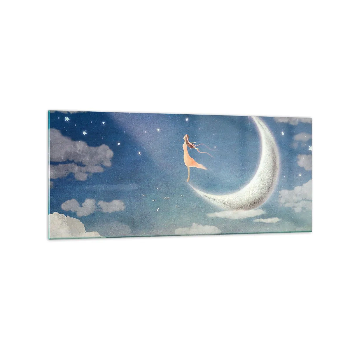 Quadro su vetro - Una donna sulla luna circondata da stelle e nuvole - 120x50cm - Seduttrice celeste - Decorazione murale moderna per soggiorno e camera da letto ARTTOR