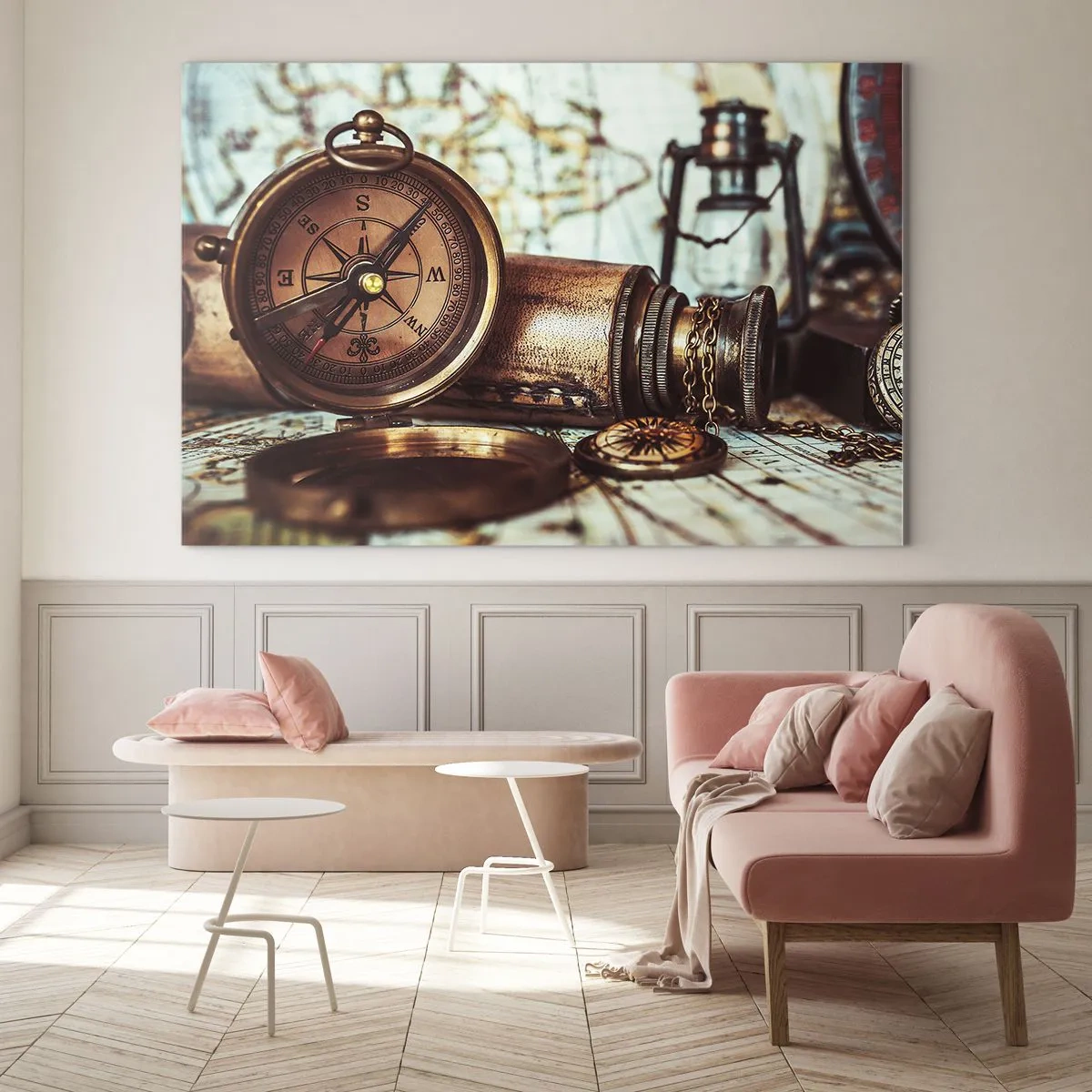 Quadro su vetro - Una bussola e una mappa antiche ambientate sullo sfondo di avventure piratesche - 120x80cm - Ti aspetta l'avventura dei pirati dei Caraibi - Decorazione murale moderna per soggiorno e camera da letto ARTTOR