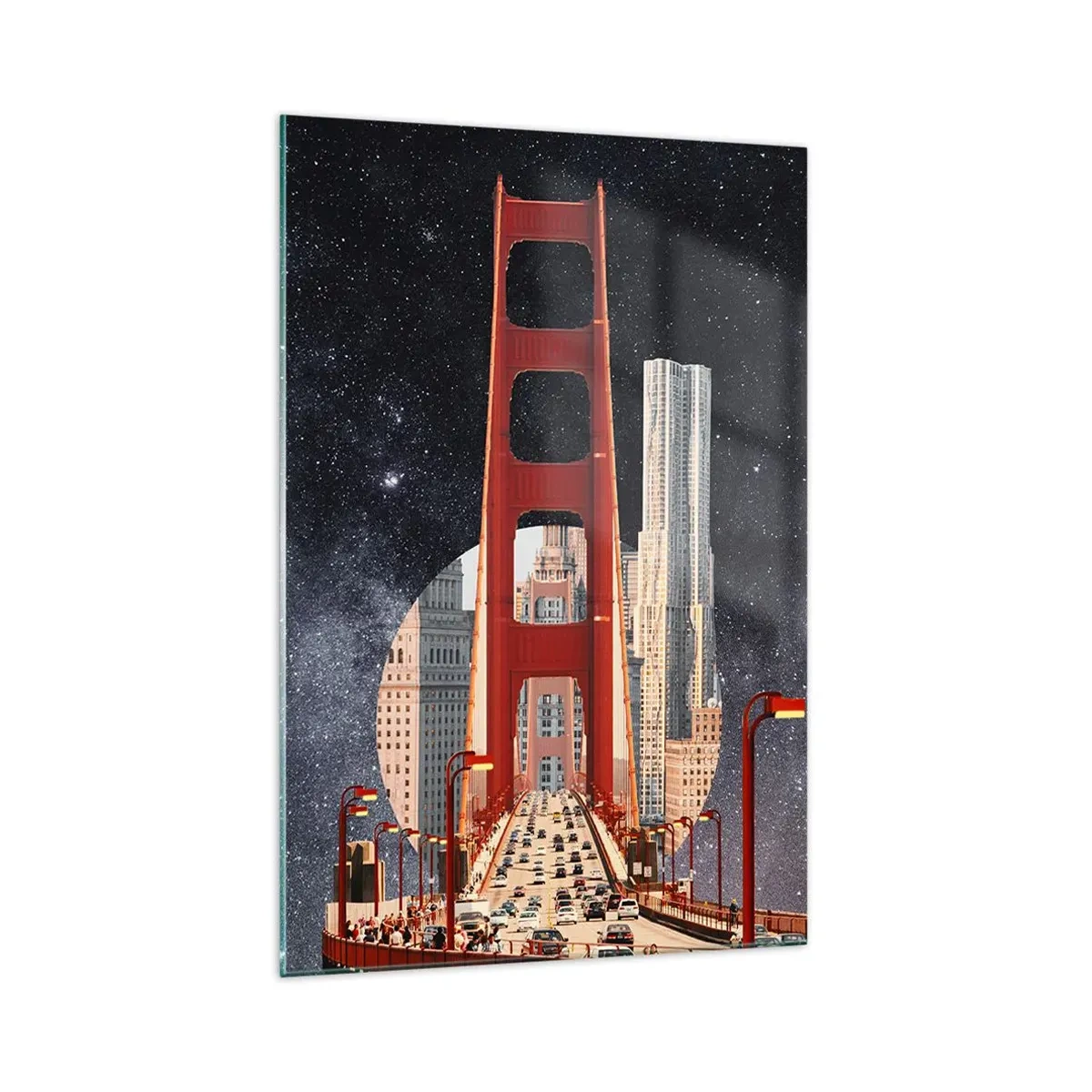 Quadro su vetro - Il Golden Gate Bridge con la città sullo sfondo contro un cielo stellato - 70x100cm - Sempre al centro - Decorazione murale moderna per soggiorno e camera da letto ARTTOR