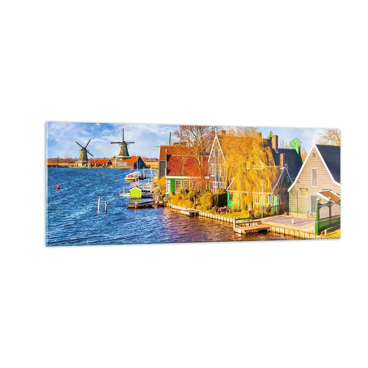 Quadro su vetro - Case pittoresche e mulini a vento in riva all'acqua - 140x50cm - Da secoli immutabile - Decorazione murale moderna per soggiorno e camera da letto ARTTOR