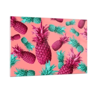 Quadro su vetro - Ananas colorati nelle tonalità del rosa e del verde su uno sfondo rosa - 120x80cm - La libertà è dolce - Decorazione murale moderna per soggiorno e camera da letto ARTTOR
