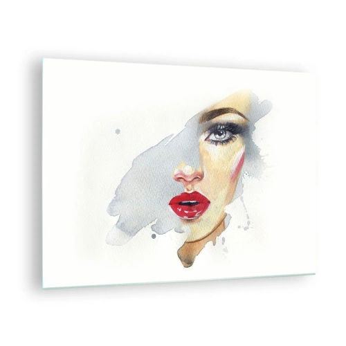 Quadro su vetro - Ritratto ad acquerello di una donna con labbra rosse - 70x50cm - Riflesso in una goccia d'acqua - Decorazione murale moderna per soggiorno e camera da letto ARTTOR