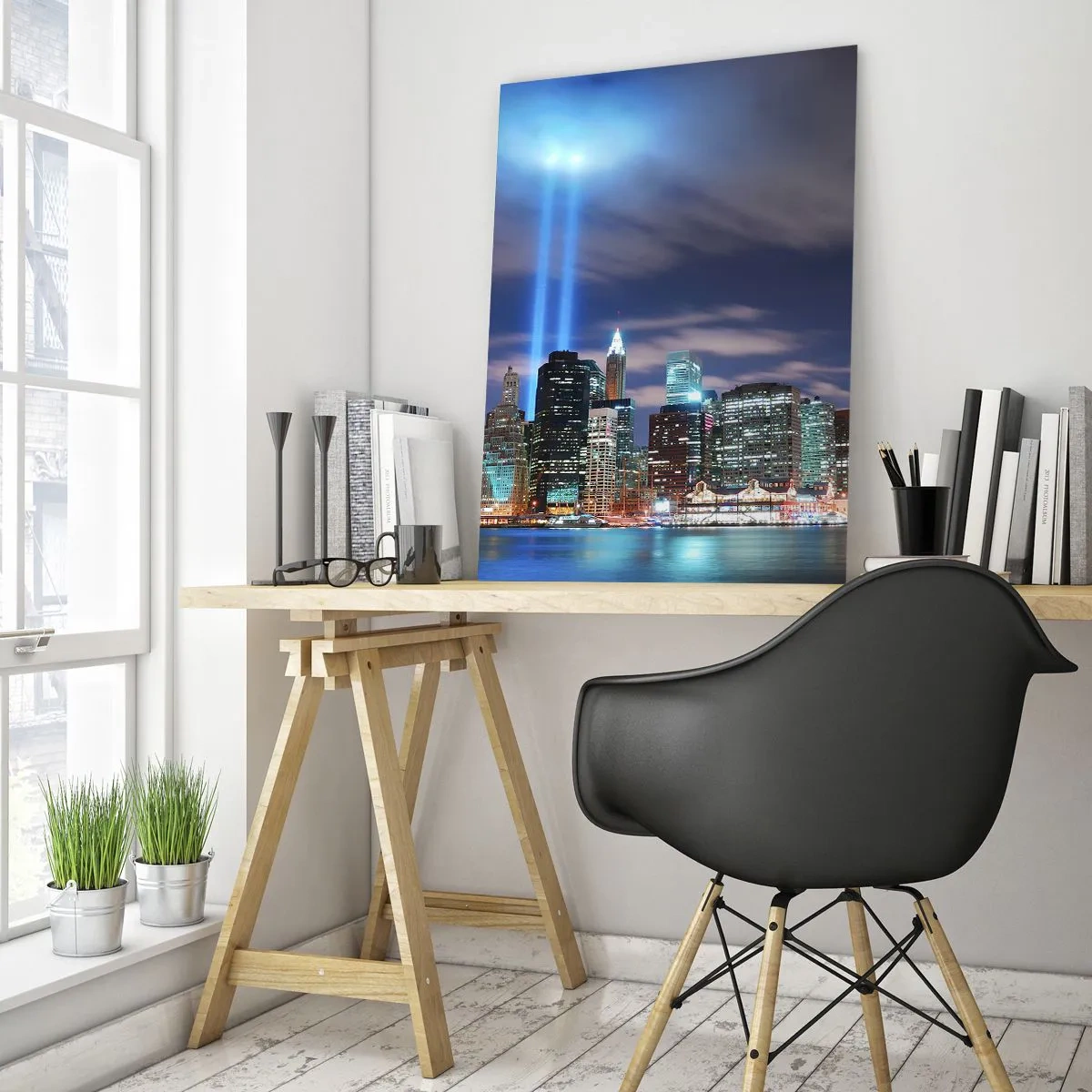 Quadro su vetro - Panorama notturno della città con due fasci di luce luminosi nel cielo - 70x100cm - Toccare il cielo con la luce - Decorazione murale moderna per soggiorno e camera da letto ARTTOR