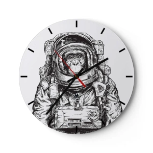 Orologio da parete - Orologio in Vetro - Uno schizzo in bianco e nero di una scimmia astronauta. - 30x30cm - Evoluzione alternativa - Decorazione murale moderna per soggiorno, cucina e camera da letto ARTTOR